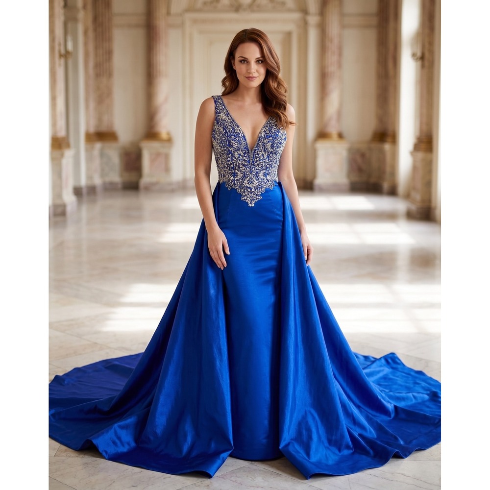 Mac Duggal Beaded Overskirt Gown 2 Royal Blue Prom Pageant Formal Glam Aesthetic